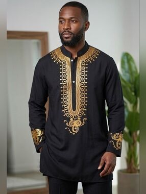 Men's Traditional Dashiki Tunic - Black & Gold Foil Embroidery Style - Medium